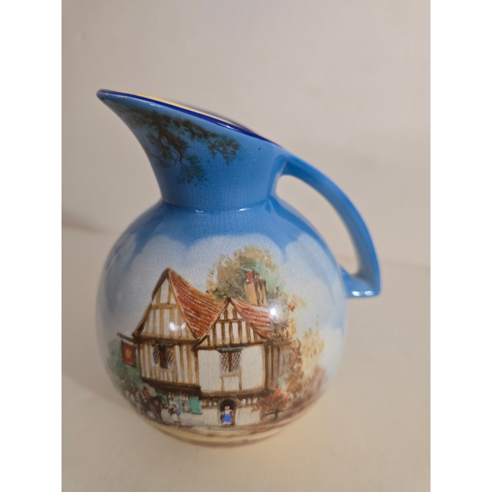Vintage Falcon Ware England Cottage Scene Blue Ceramic Pitcher Jug 5030